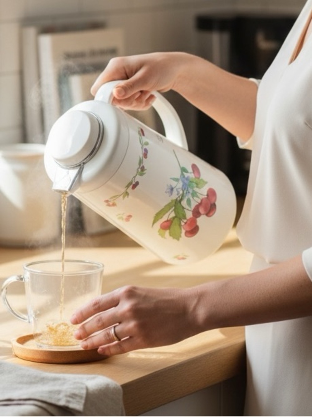 👛 (ANY 2/$20) Vintage White CARAFE 32 ounce capacity Cherries Motif